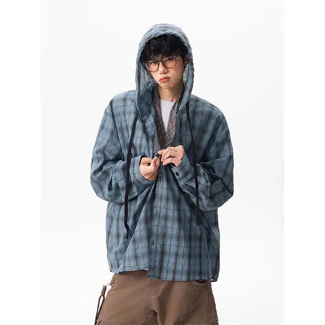 单爵 美式格子连帽慵懒风长袖衬衫 男女同款 海蓝色
