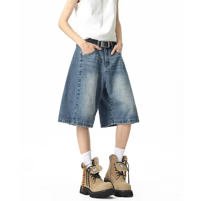 单爵 潮牌阔腿弯刀五分裤子直筒薄款牛仔短裤 男女同款