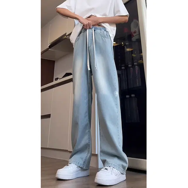 单爵 薄款宽松裤子阔腿高腰直筒裤夏季牛仔裤 男女同款