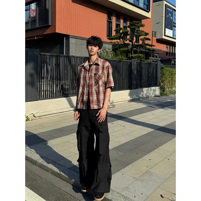 单爵 格子高级感痞帅美式复古衬衣防嗮外套夏季短袖衬衫 男女同款