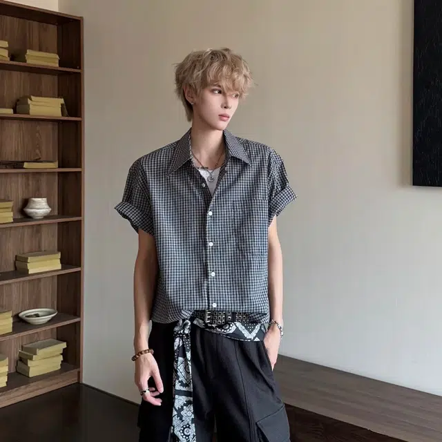 单爵 格子美式正肩衬衣松弛感穿搭韩系外套高级感短袖衬衫 男女同款