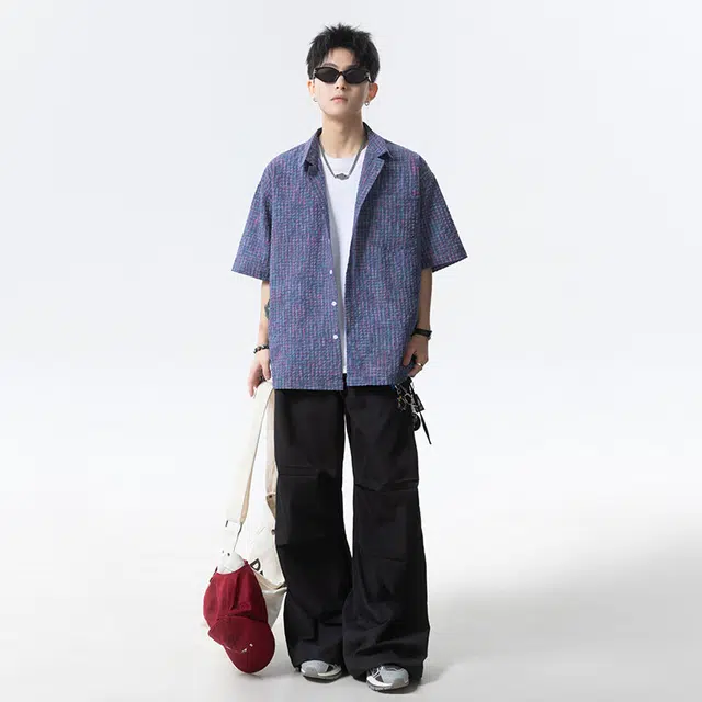 单爵 日系复古格纹小众设计感休闲防晒外套夏季短袖衬衫 男女同款