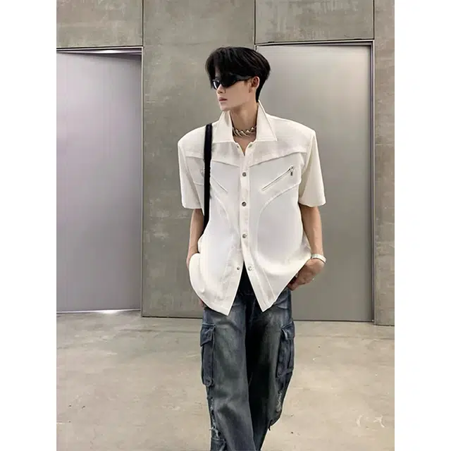 单爵 小众拉链垫肩帅翻领短袖衬衫痞 男女同款