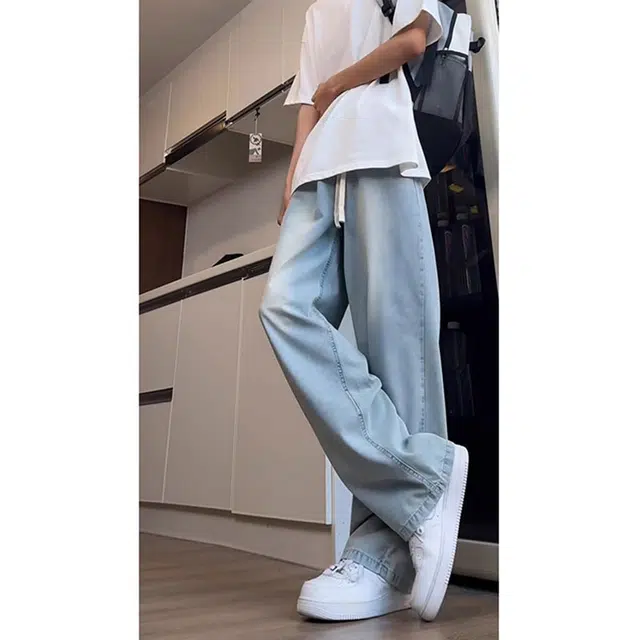 单爵 薄款宽松裤子阔腿高腰直筒裤夏季牛仔裤 男女同款