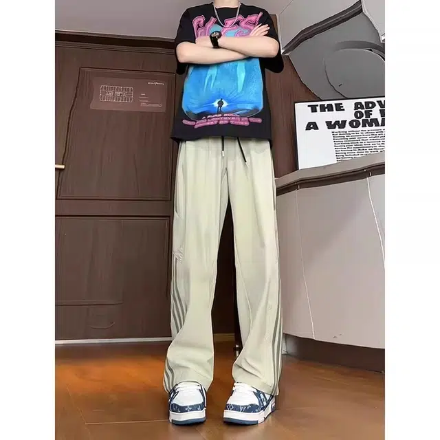 单爵 美式直筒运动长裤条纹裤子薄款垂坠感高级感休闲裤 男女同款