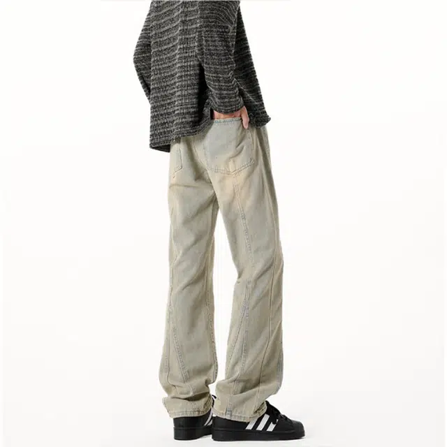 单爵 美式高街长裤子男潮牌修身微喇显瘦拼接牛仔裤 男女同款