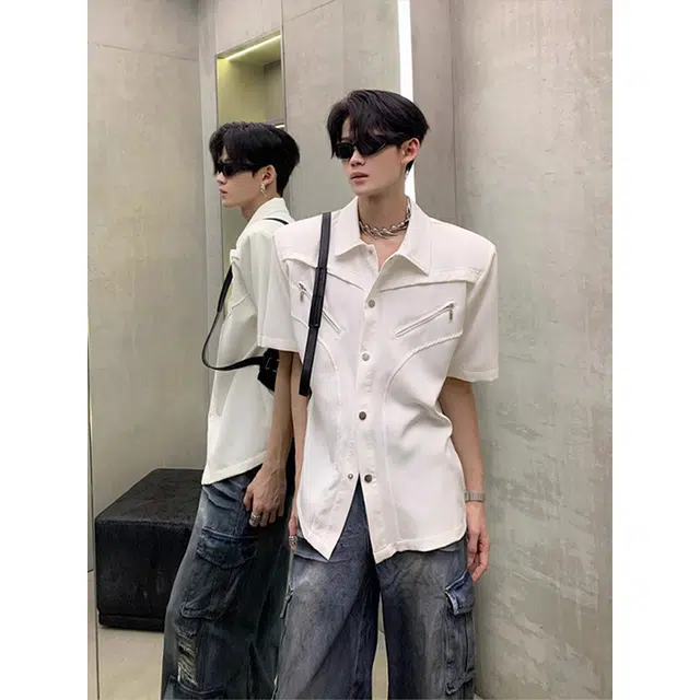 单爵 小众拉链垫肩帅翻领短袖衬衫痞 男女同款