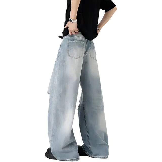 单爵 美式水洗破洞薄款高街直筒宽松牛仔裤 男女同款