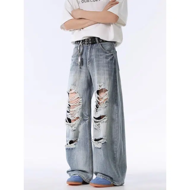 单爵 美式高街破洞夏薄款潮牌痞帅阔腿弯刀裤子宽松直筒乞丐裤牛仔裤 男女同款