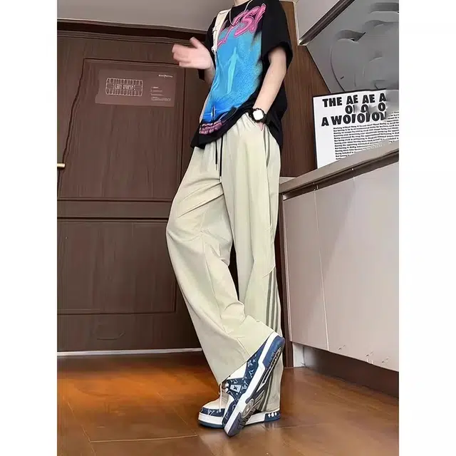 单爵 美式直筒运动长裤条纹裤子薄款垂坠感高级感休闲裤 男女同款