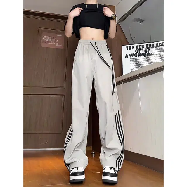 单爵 美式速干条纹冰丝裤子男夏季薄款宽松阔腿裤直筒垂感休闲裤 男女同款