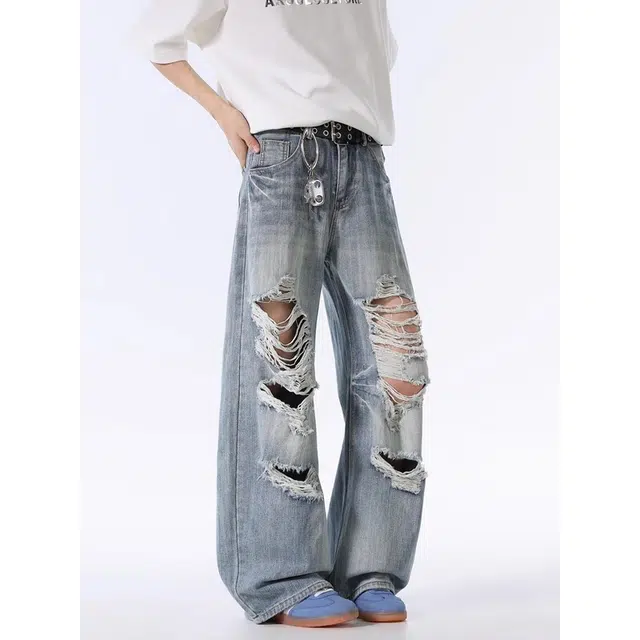 单爵 美式高街破洞夏薄款潮牌痞帅阔腿弯刀裤子宽松直筒乞丐裤牛仔裤 男女同款