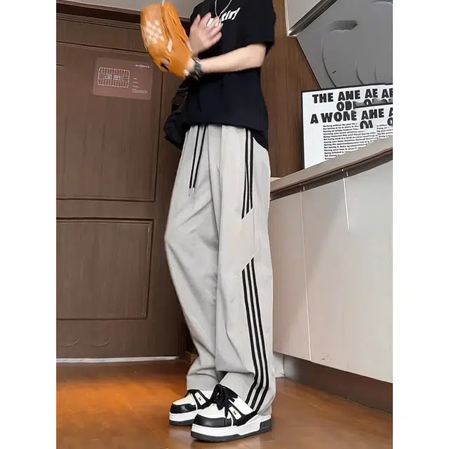 单爵 美式速干条纹冰丝裤子男夏季薄款宽松阔腿裤直筒垂感休闲裤 男女同款