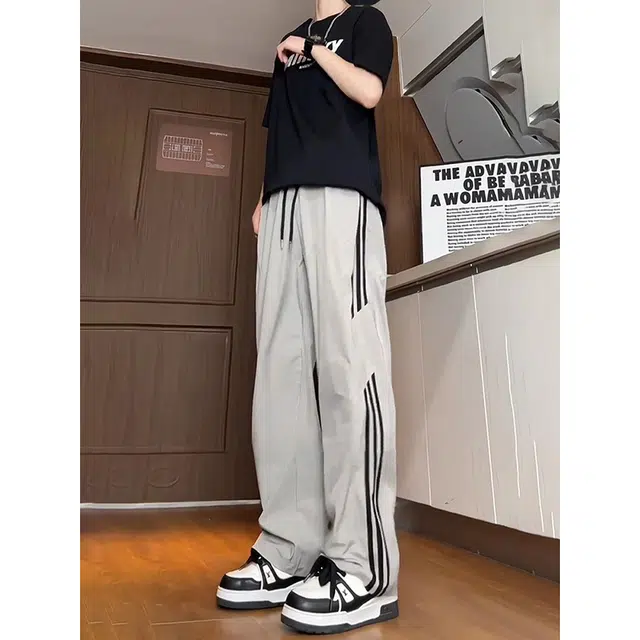 单爵 美式速干条纹冰丝裤子男夏季薄款宽松阔腿裤直筒垂感休闲裤 男女同款