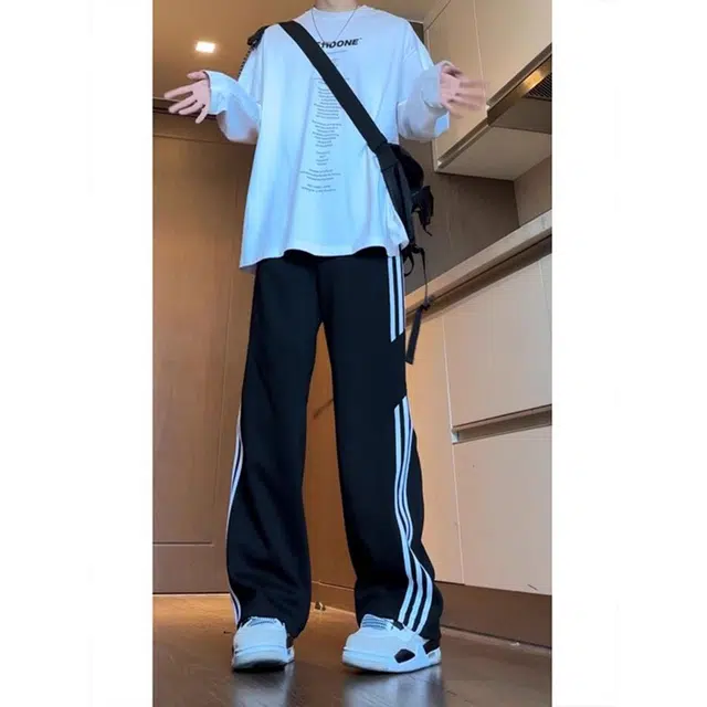 单爵 美式运动裤夏季薄款条纹直筒阔腿裤裤休闲裤 男女同款