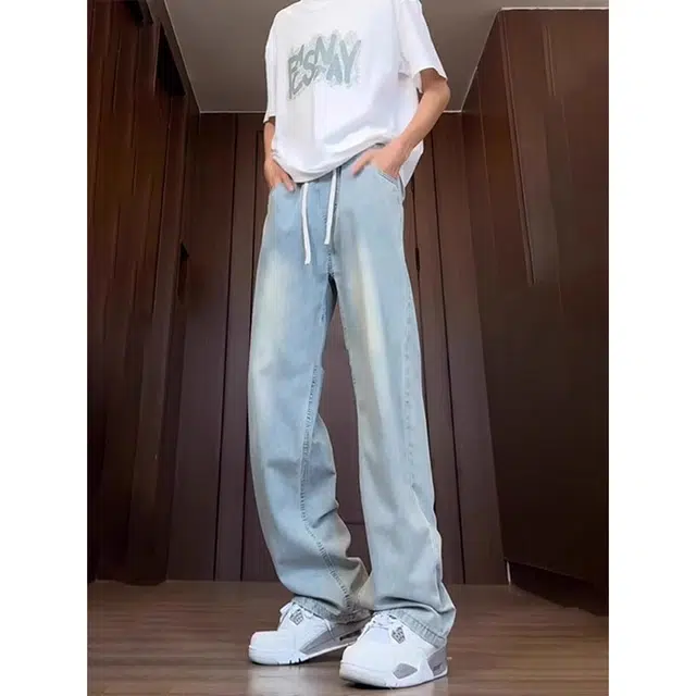 单爵 薄款宽松裤子阔腿高腰直筒裤夏季牛仔裤 男女同款