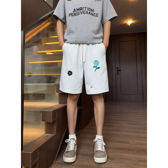 单爵 花卉运动外穿美式裤子宽松五分休闲短裤 男女同款