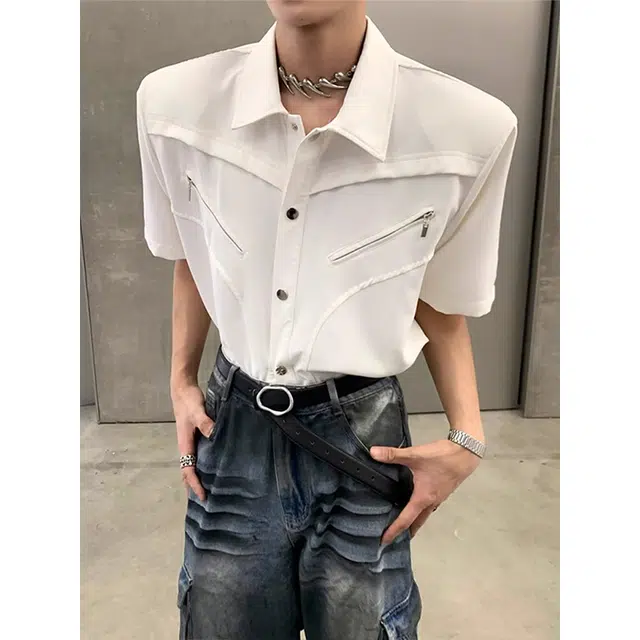 单爵 小众拉链垫肩帅翻领短袖衬衫痞 男女同款