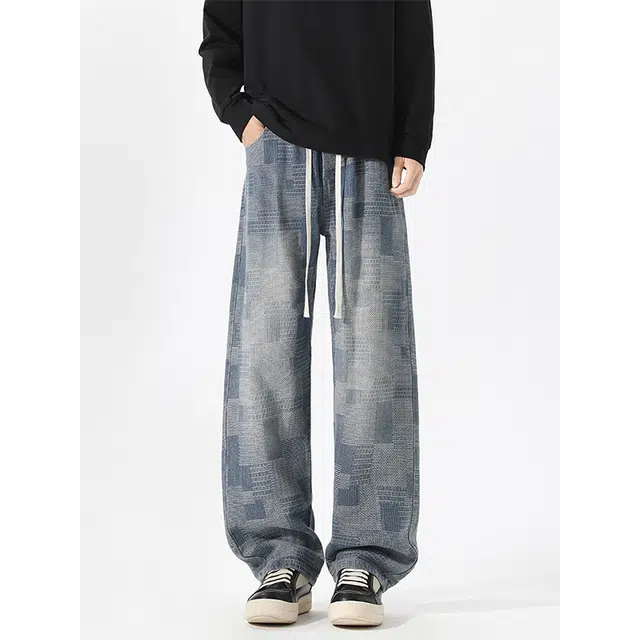 单爵 复古风微喇裤男春秋季美式高街棋盘格直筒长裤男痞帅宽松牛仔裤 男女同款