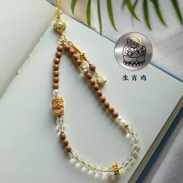 嫒柯 国潮新中式轻奢高级文玩招财吉祥如意花好月圆复古风文艺风#好运 檀木 手机链 男女同款情侣款