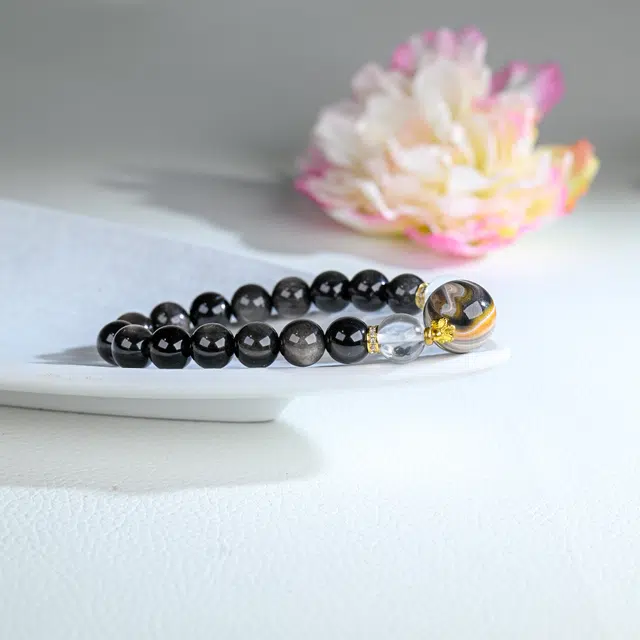 嫒柯 国潮文玩新中式简约大方高级轻奢新宠小众文艺设计百搭手饰八方来财招财纳福#好运莲莲 黑曜石 手串 男女同款情侣款