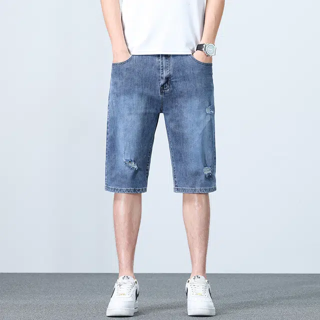老爷车 长绒棉夏季男士潮流时尚百搭直筒休闲破洞牛仔短裤 男款