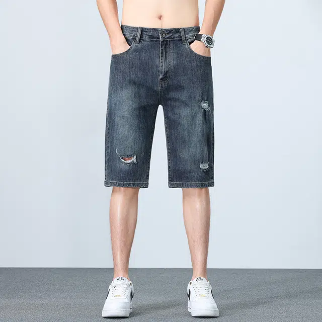 老爷车 长绒棉夏季男士潮流时尚百搭直筒休闲破洞牛仔短裤 男款