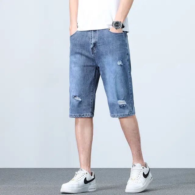 老爷车 长绒棉夏季男士潮流时尚百搭直筒休闲破洞牛仔短裤 男款