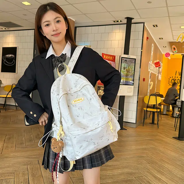 泰格奴 小清新休闲高颜值精美潮版韩版背包初高中生大学生上课百搭书包 尼龙 双肩包 男女同款情侣款 米白色/黑色/黄色/蓝色