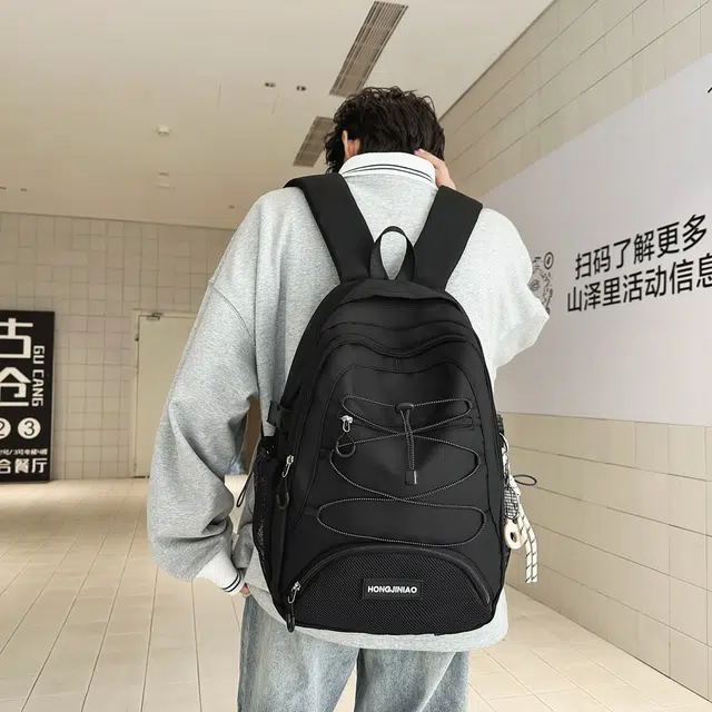 泰格奴 撞色系轻便百搭背包美版洋气个性气质高级感潮流时尚初中高中大学生上课百搭书包 尼龙 双肩包 男女同款情侣款 黑色/白色/灰色