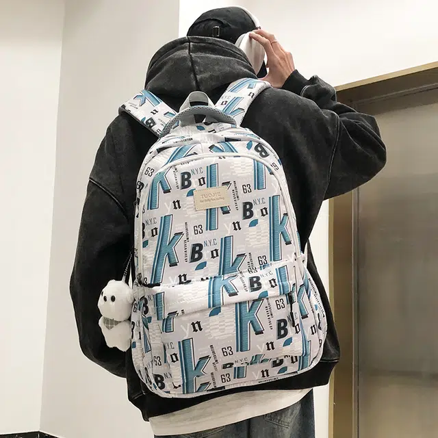 泰格奴 字母印花轻便简约大容量运动耐磨背包初中生高中生大学生上课百搭书包 尼龙 双肩包 男女同款情侣款 蓝色/绿色/黑色