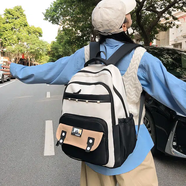 泰格奴 撞色系轻便百搭背包美版洋气个性气质高级感潮流时尚初中高中大学生上课书包 尼龙 双肩包 女款 黑色/红色/桔色/卡其色/粉色
