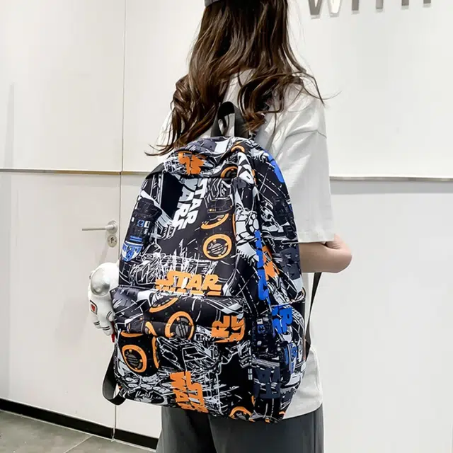 泰格奴 小清新休闲高颜值精美潮版韩版背包初中生高中生大学生上课百搭书包 尼龙布 双肩包 男女同款情侣款 黑色/桔红色/蓝色