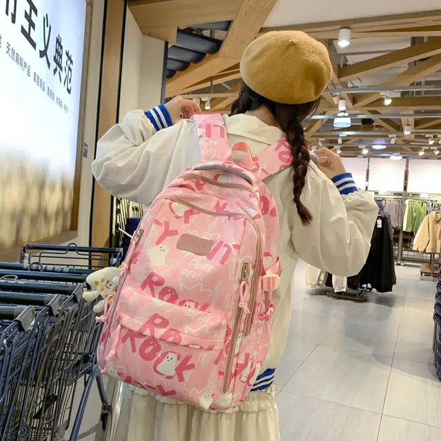 泰格奴 开学书包初高中大学生高颜值大容量清新时尚潮流涂鸦旅游日常通勤百搭休闲简约 尼龙 双肩包 女款 粉色/白色/绿色