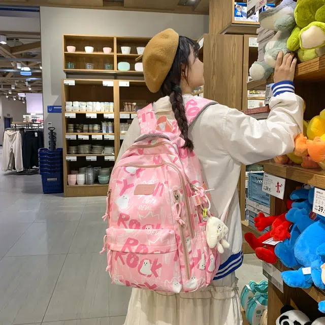 泰格奴 开学书包初高中大学生高颜值大容量清新时尚潮流涂鸦旅游日常通勤百搭休闲简约 尼龙 双肩包 女款 粉色/白色/绿色