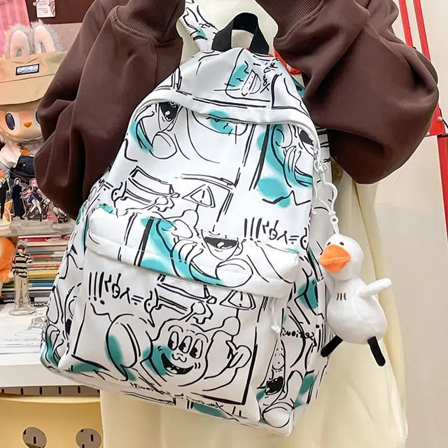 泰格奴 涂鸦精美机能通勤旅行小清新轻便高颜值大容量背包初中高中大学生上课百搭书包 尼龙 双肩包 常规 男女同款情侣款 灰色/绿色