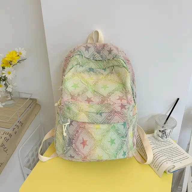泰格奴 小清新高颜值精美配色韩版纯色百搭初高中大学生上课 复合布 双肩包 男女同款情侣款 星星款/方块款/点点款