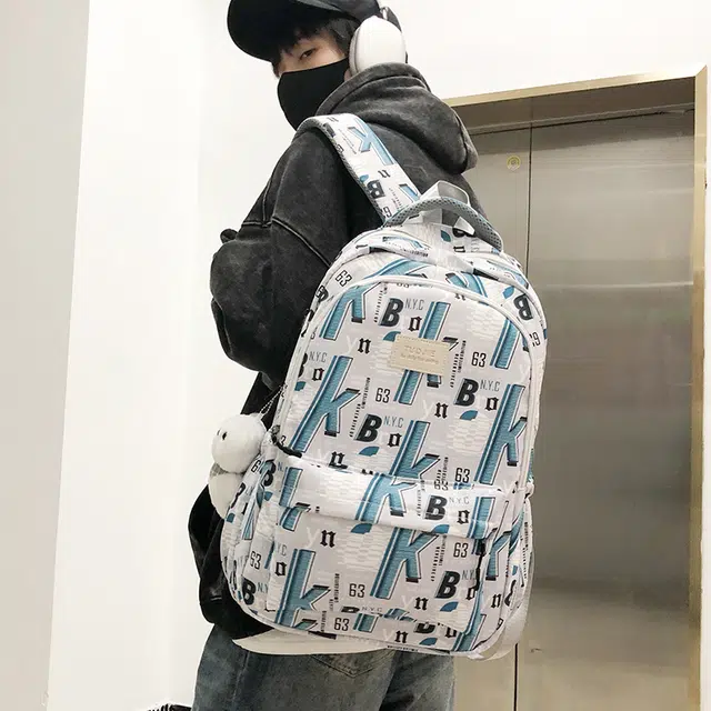 泰格奴 字母印花轻便简约大容量运动耐磨背包初中生高中生大学生上课百搭书包 尼龙 双肩包 男女同款情侣款 蓝色/绿色/黑色
