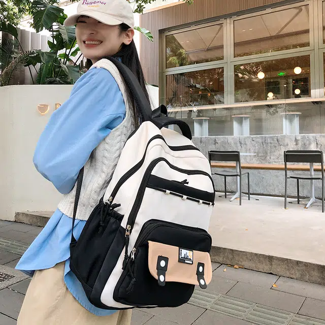 泰格奴 撞色系轻便百搭背包美版洋气个性气质高级感潮流时尚初中高中大学生上课书包 尼龙 双肩包 女款 黑色/红色/桔色/卡其色/粉色
