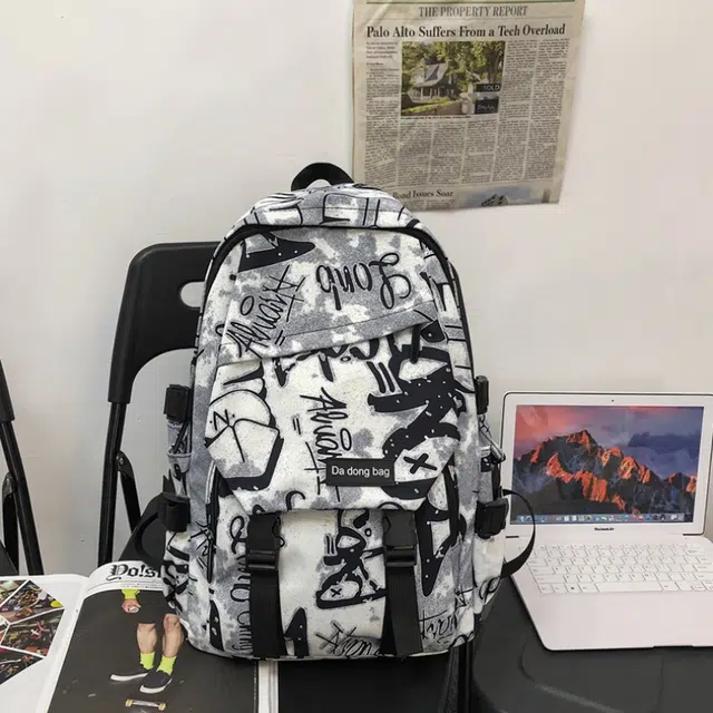 泰格奴 字母印花轻便简约国风大容量运动耐磨背包初中生高中生大学生上课百搭书包 尼龙 双肩包 男女同款情侣款 黑色/灰色/蓝色