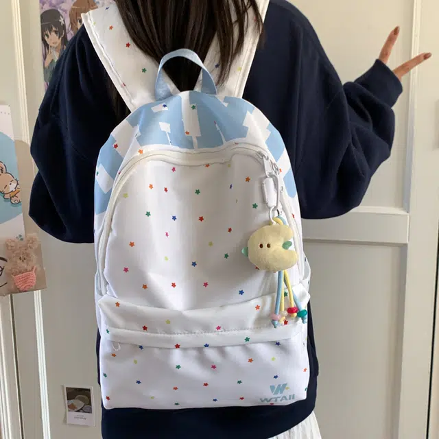 泰格奴 满天星学院风青春感满印初高中大学生轻便出行书包通勤休闲时尚小众设计百搭背包 尼龙 双肩包 常规 女款 粉色/绿色/蓝色