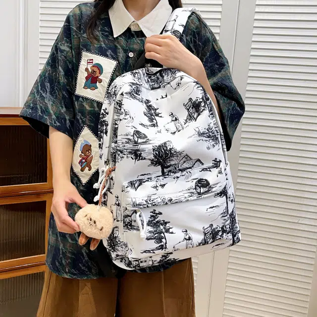 泰格奴 小清新休闲高颜值韩版背包初中生高中生大学生上课百搭书包 尼龙 双肩包 男女同款情侣款 白色/蓝色/黑色