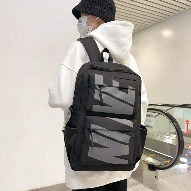 泰格奴 字母印花轻便简约大容量运动耐磨背包初中生高中生大学生上课百搭书包 尼龙 双肩包 常规 男女同款情侣款 黑色/白色/灰色/蓝色