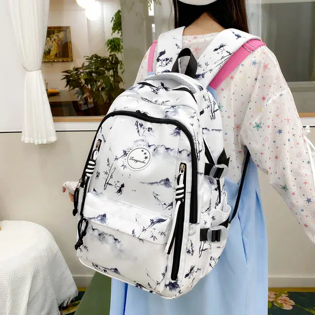 泰格奴 字母印花轻便简约国风大容量运动耐磨背包初中生高中生大学生上课百搭书包 尼龙 双肩包 女款 黑色/酒红色/浅绿色/粉色