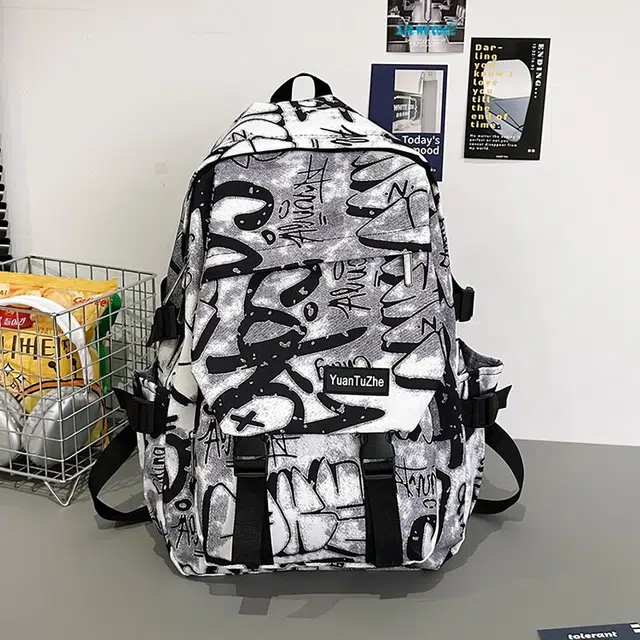 泰格奴 涂鸦精美机能通勤旅行小清新轻便高颜值大容量背包初中高中大学生上课百搭书包 尼龙 双肩包 常规 男女同款情侣款 白色灰色黑色