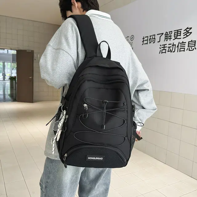 泰格奴 撞色系轻便百搭背包美版洋气个性气质高级感潮流时尚初中高中大学生上课百搭书包 尼龙 双肩包 男女同款情侣款 黑色/白色/灰色