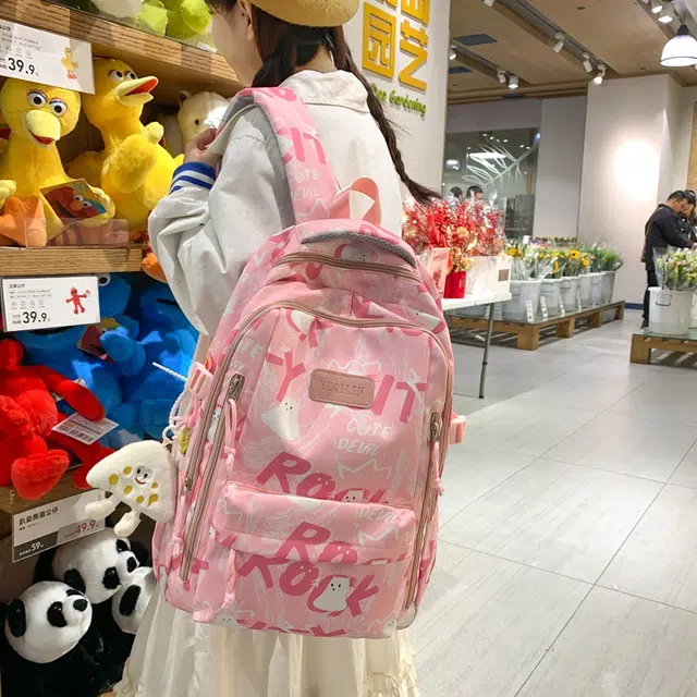 泰格奴 开学书包初高中大学生高颜值大容量清新时尚潮流涂鸦旅游日常通勤百搭休闲简约 尼龙 双肩包 女款 粉色/白色/绿色