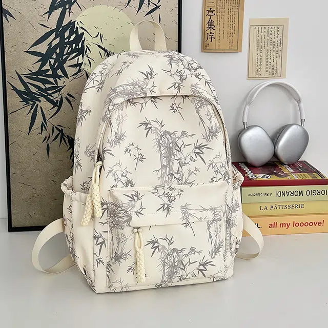 泰格奴 字母印花轻便简约国风大容量运动耐磨背包初中生高中生大学生上课百搭书包 尼龙 双肩包 男女同款情侣款 米白色/黑色/绿色/天蓝色