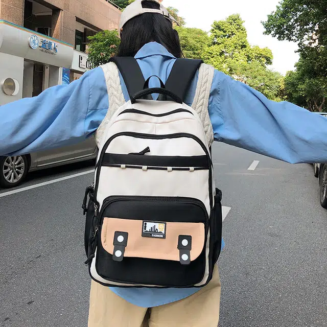 泰格奴 撞色系轻便百搭背包美版洋气个性气质高级感潮流时尚初中高中大学生上课书包 尼龙 双肩包 女款 黑色/红色/桔色/卡其色/粉色