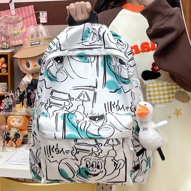 泰格奴 涂鸦精美机能通勤旅行小清新轻便高颜值大容量背包初中高中大学生上课百搭书包 尼龙 双肩包 常规 男女同款情侣款 灰色/绿色